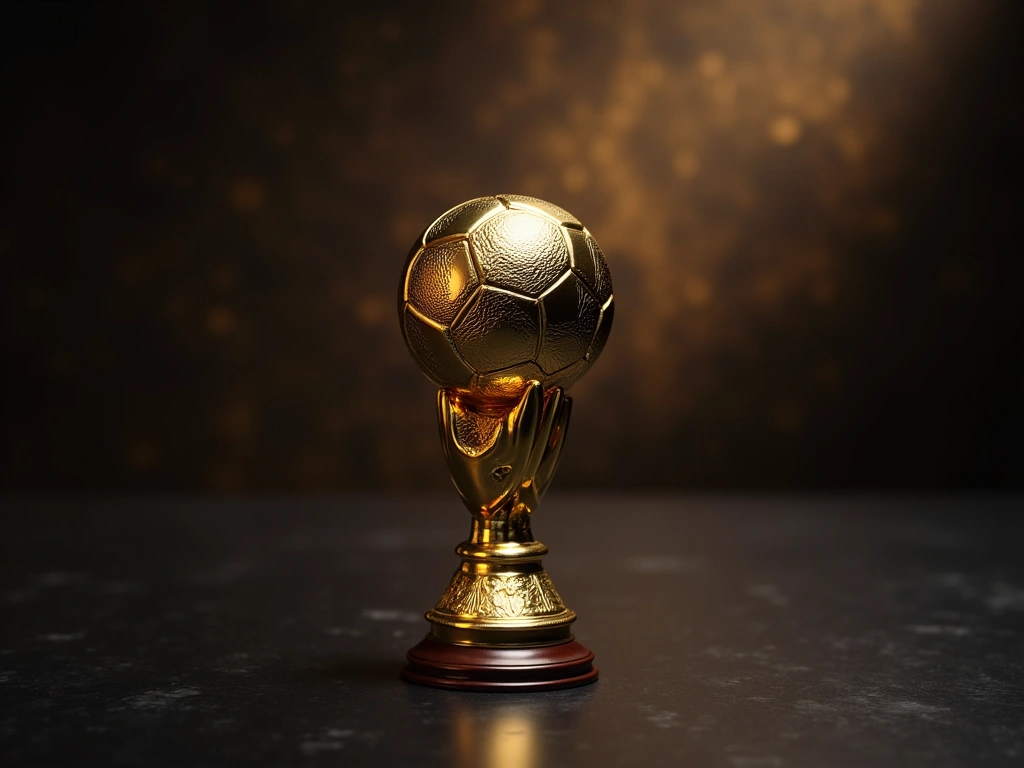 Photorealistic close-up of a golden football trophy resting on a dark, polished surface. The lighting is dramatic, emphasi...