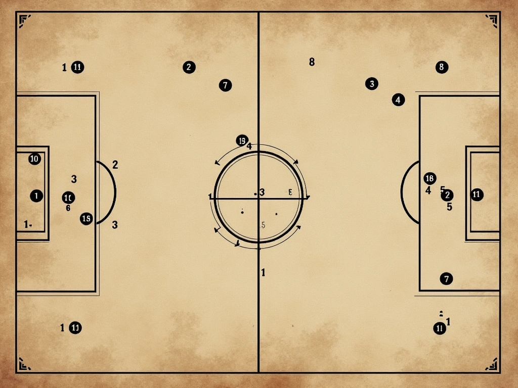 A vintage soccer field diagram from the early 20th century, showing the 2-3-5 