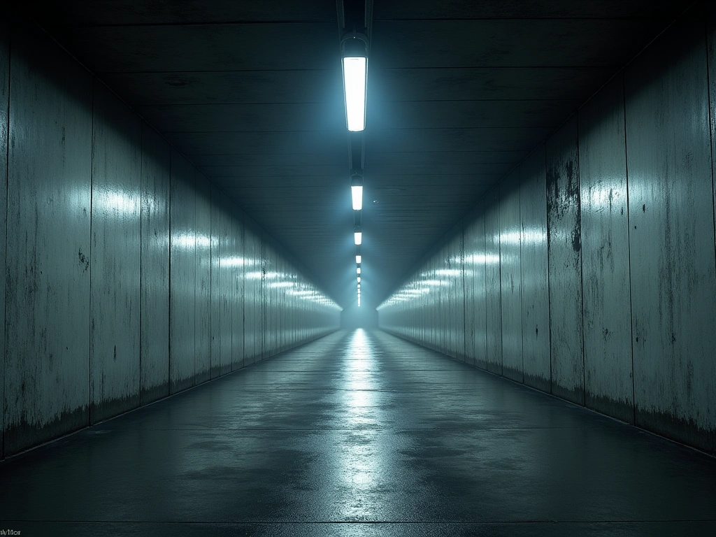 Photorealistic image of an empty, floodlit football stadium tunnel, focusing on the worn concrete walls and the receding p...