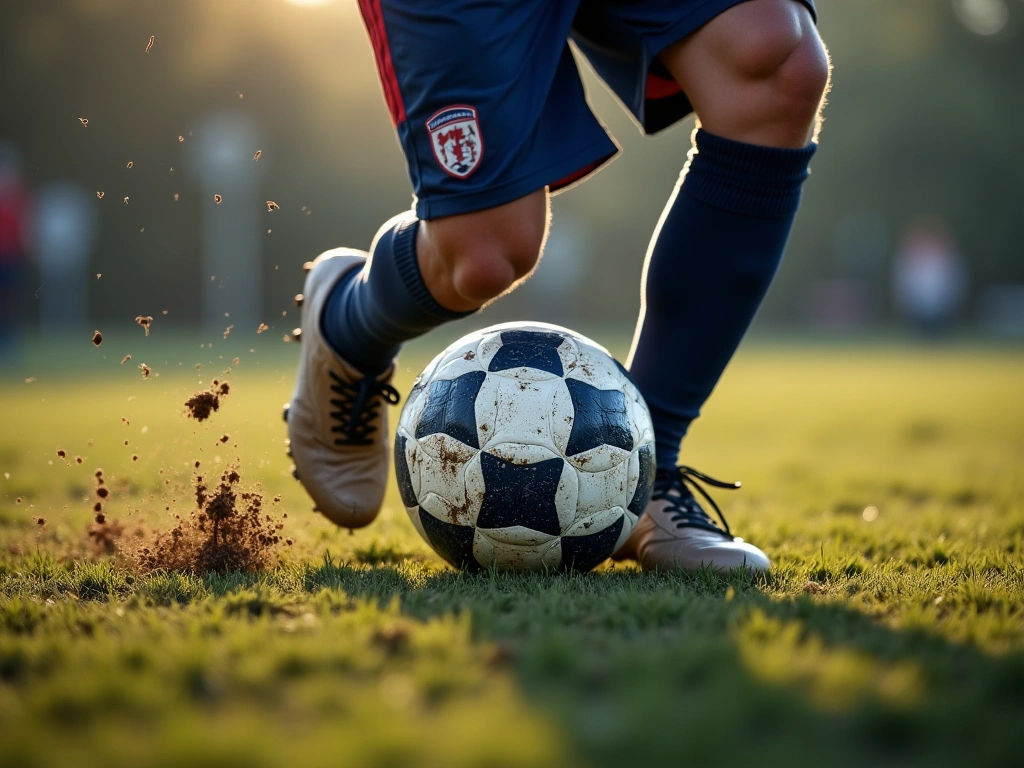 Photorealistic image of muddy cleats kicking a soccer ball. Focus on the close up of the ball and cleats making contact. M...
