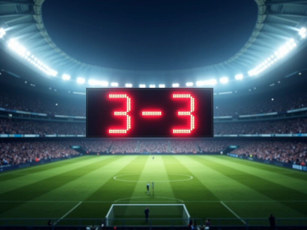 Photorealistic image of a digital display board at a soccer stadium showing '+3' in red numbers, indicating added time, se...