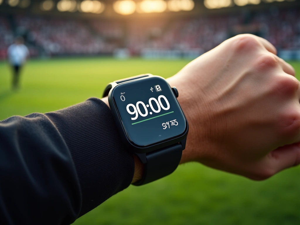 Close-up, photorealistic image of a referee's wrist with a digital watch displaying 90:00 with additional seconds, set aga...