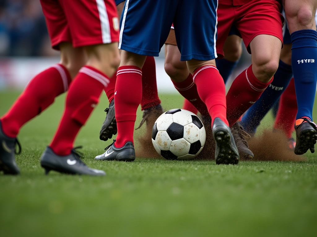 Photorealistic image from a low angle showing a cluster of soccer players' legs and feet entangled in a chaotic scrum. The...