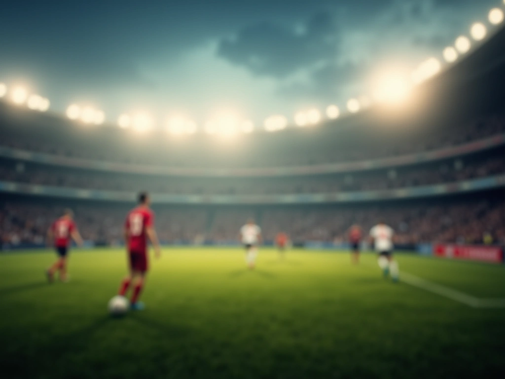 Photorealistic close-up of blurred, distorted stadium lights seen through a heat haze. The background features a soccer fi...