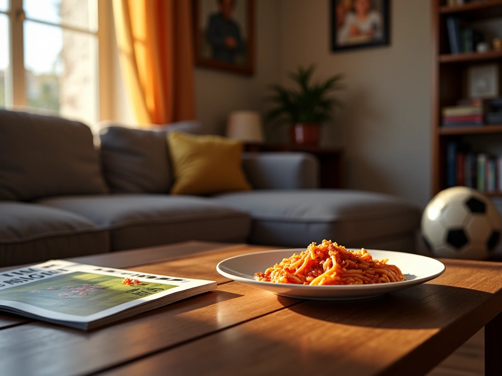 Photorealistic image of a cozy, warmly lit living room in a host family's home. A half-eaten plate of pasta sits on a coff...