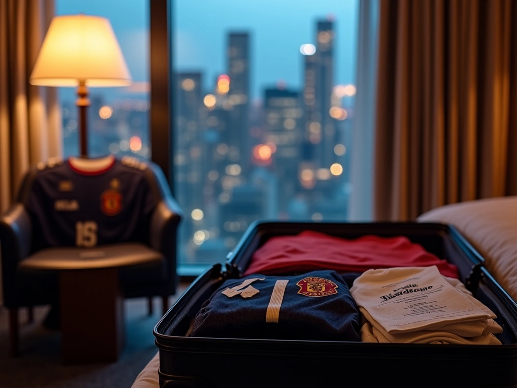 Photorealistic image of a high-end hotel suite, slightly messy. A suitcase is open on the luggage rack, revealing neatly f...