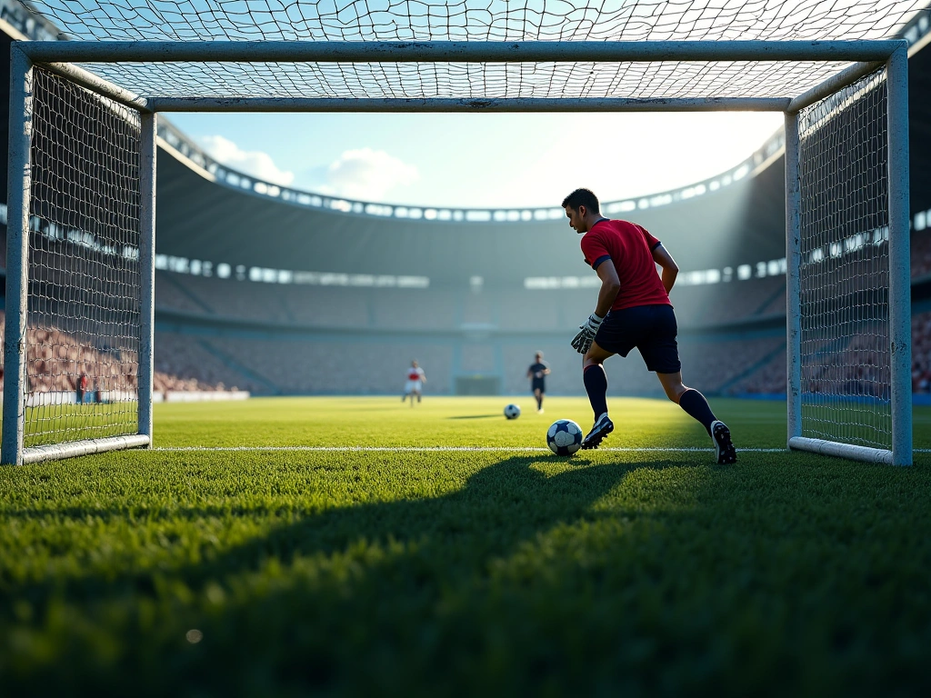 Photorealistic image of a soccer goal from behind the net, looking out towards the penalty area. Focus on the shadows and ...