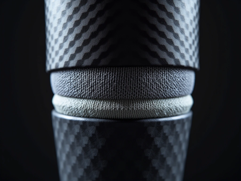 Macro photograph of a layered shin guard cross-section, revealing the carbon fiber weave on the exterior and the impact-ab...