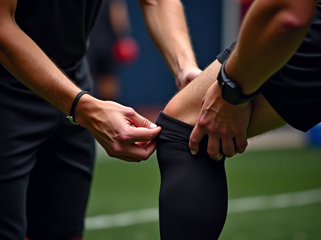 Close-up shot of soccer referee's hands inspecting a player's sock-covered shin, focusing on the texture and material of t...
