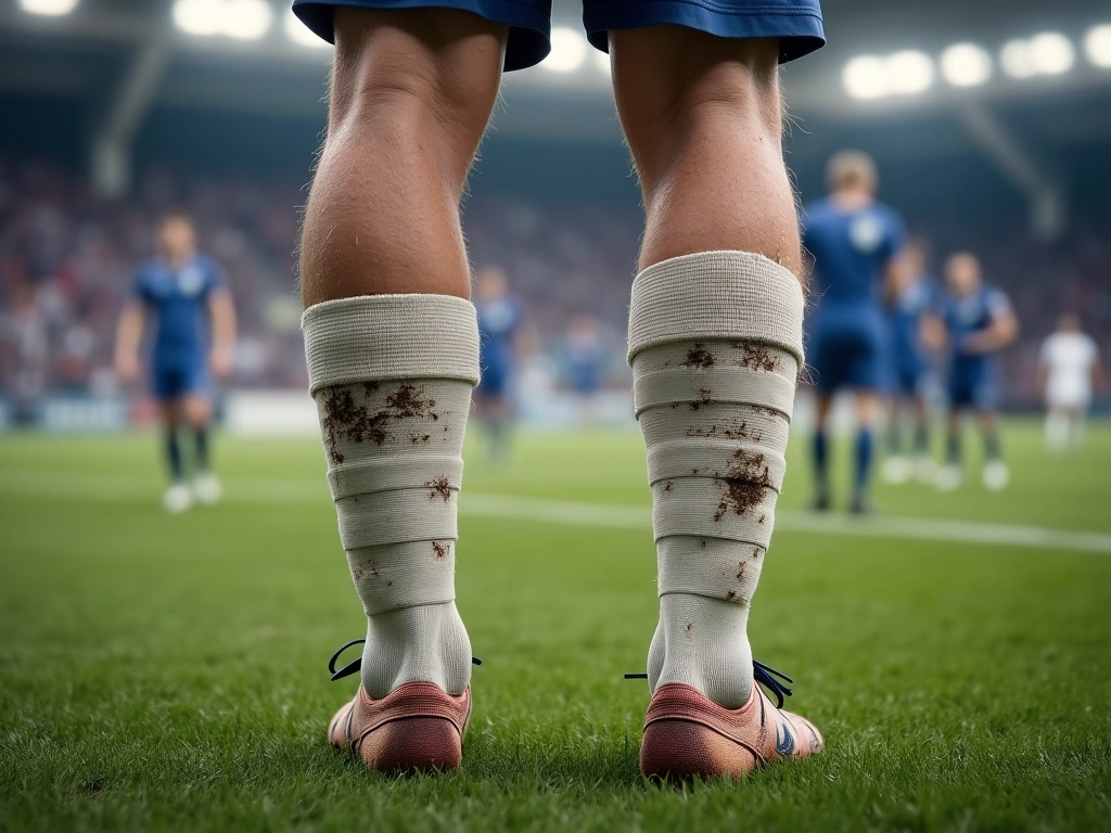 A close-up shot of heavily taped ankles and knees. Mud and grass stains cover the lower legs. The background is a blurred ...