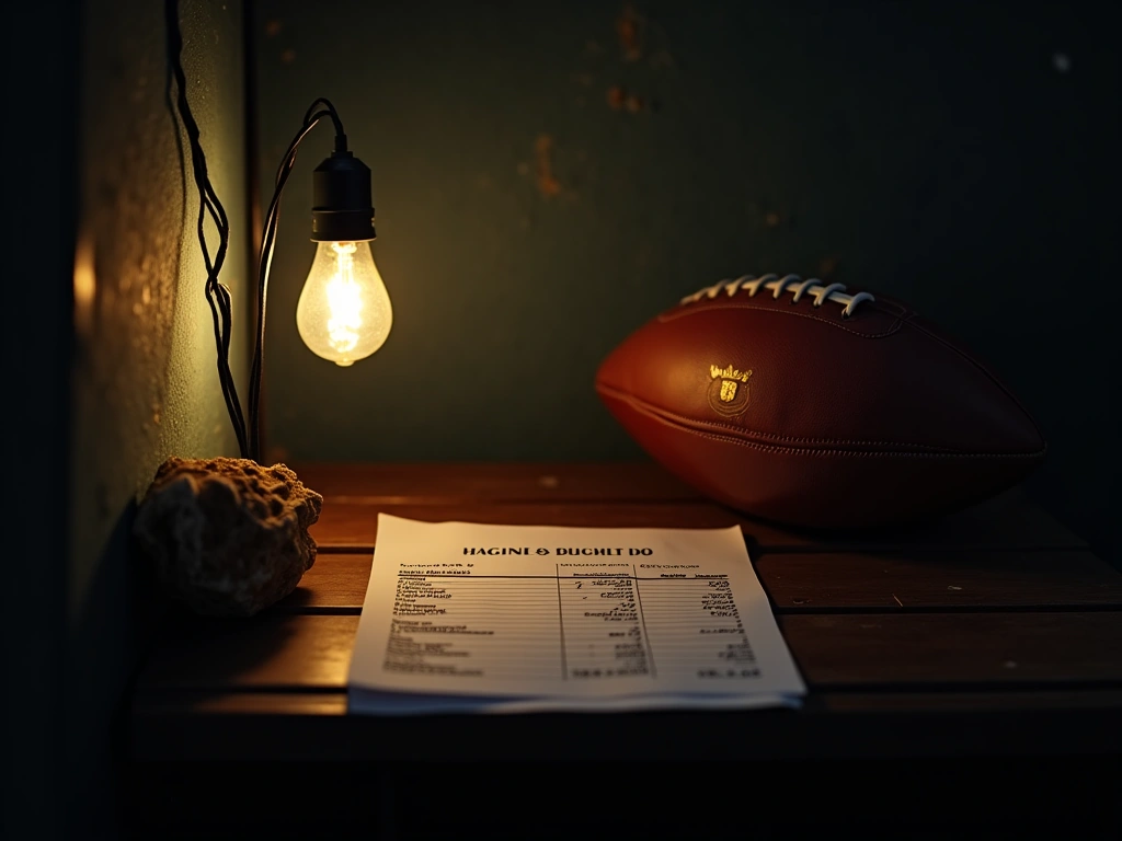 A dimly lit, cramped room in a favela, a worn-out football resting in the corner. A single, flickering light bulb illumina...
