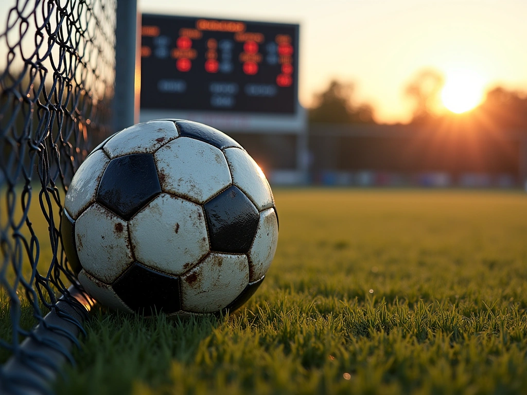 Photorealistic image of a worn soccer ball resting against a chain-link fence surrounding a soccer field. In the backgroun...