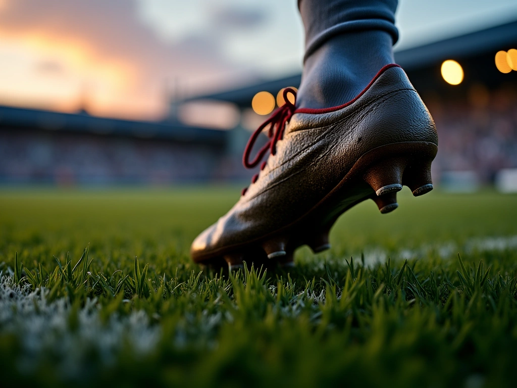 Photorealistic close-up of a muddy soccer cleat digging into the grass of a soccer field, with blades of grass bent and sc...