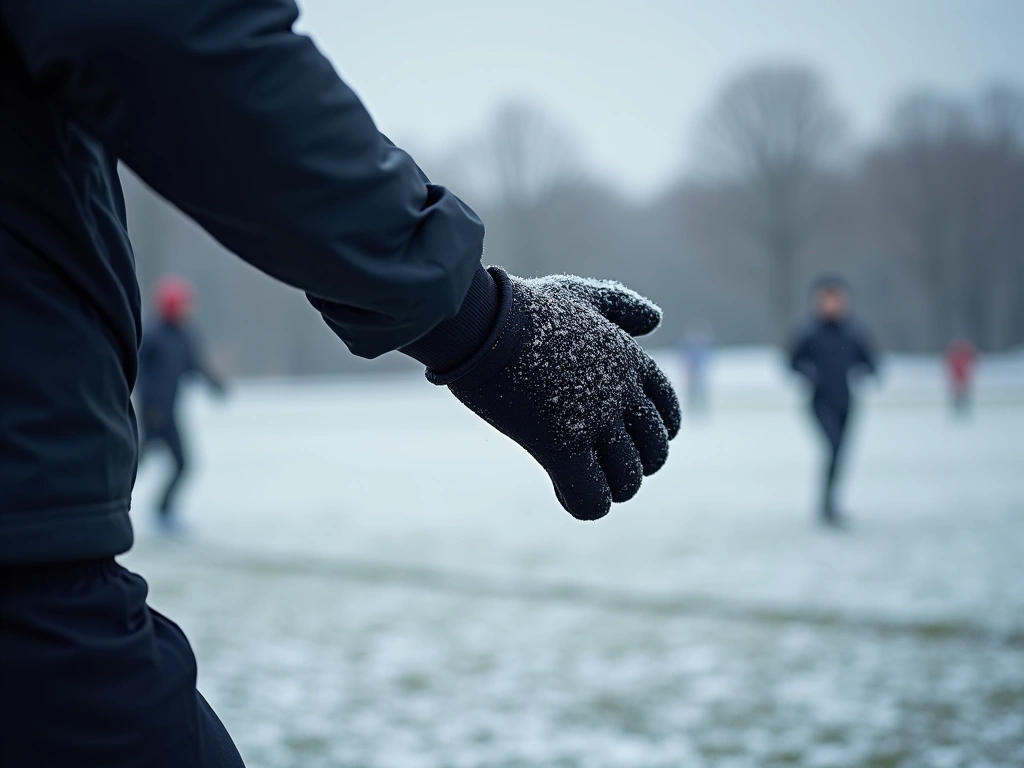 A soccer field during a winter match. Focus on a player's hands, clad in black thermal gloves, as they run. Vapor is visib...