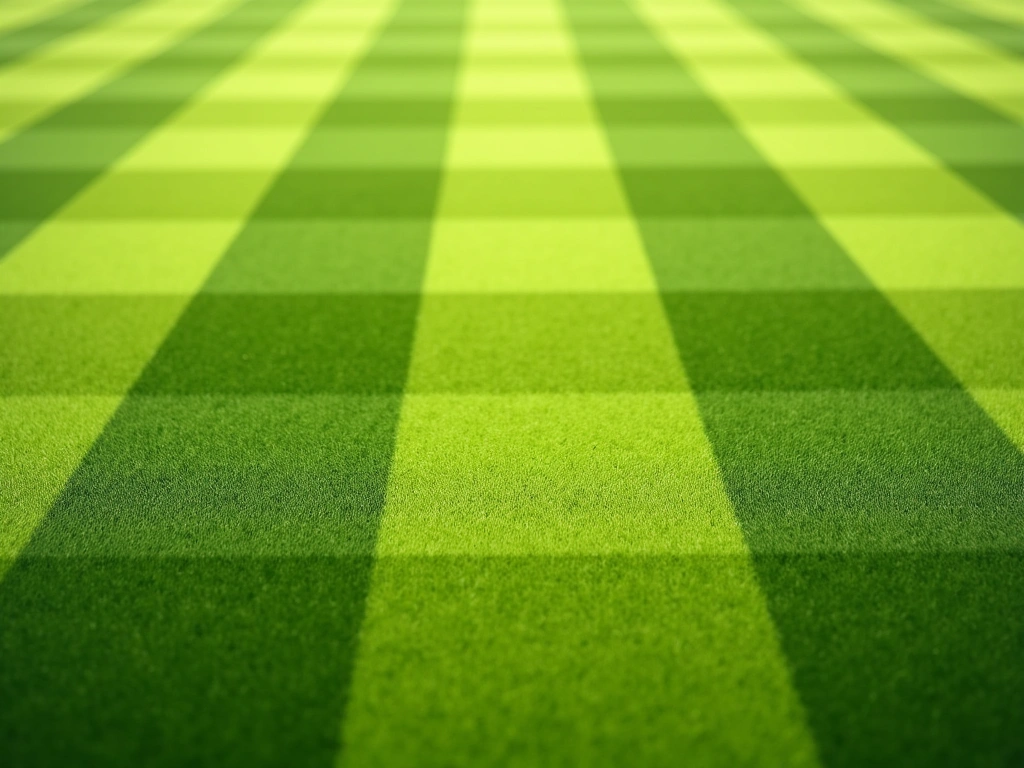 A photorealistic image depicting a meticulously prepared cricket pitch. The grass is neatly mown with visible roller marks...