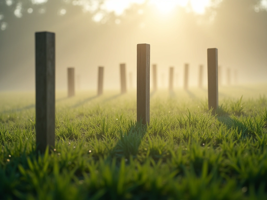 A photorealistic image of wooden stakes driven into grassy ground, partially obscured by early morning mist. The stakes ar...