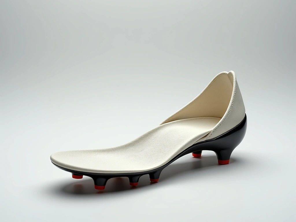 Close-up studio shot of a disassembled women's soccer cleat, showcasing the insole with arch support, a heel counter, and ...