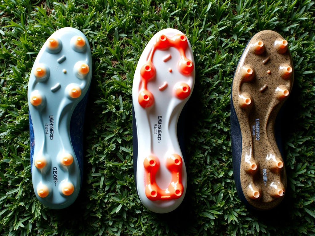 Overhead shot of three different soccer cleat soleplates (FG, AG, SG) arranged on their respective playing surfaces: firm ...