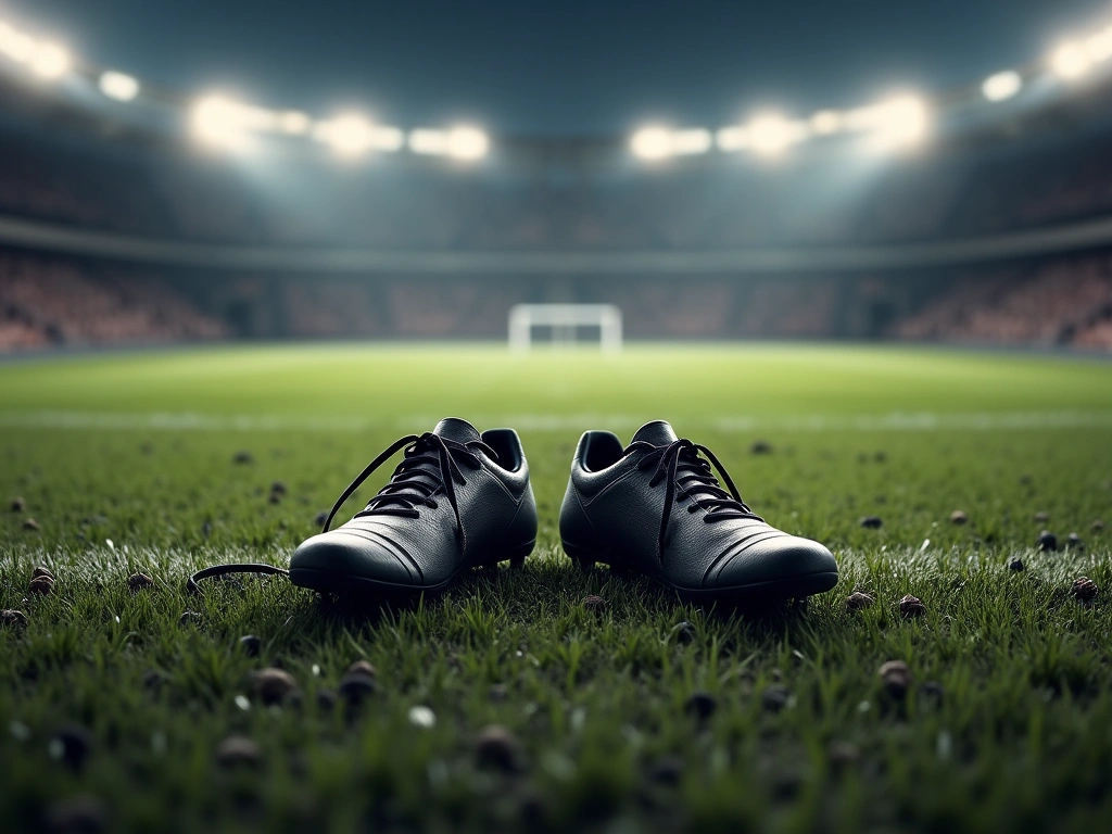 Photorealistic image of a muddy soccer field, focusing on the grass and scattered divots. A pair of soccer cleats are aban...