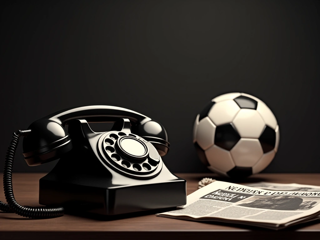 Photorealistic image of a vintage rotary phone on a dark wooden desk, with a football (soccer ball) visible out of focus i...