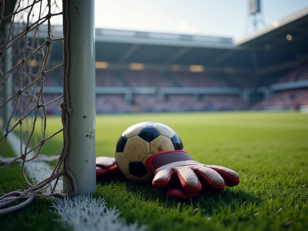 Photorealistic image of a soccer goal, viewed from the field. Focus on the goalkeeper's gloves, slightly dirty, resting on...