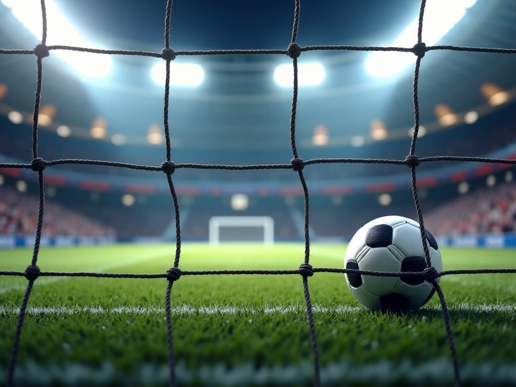 Photorealistic image of a soccer net rippling from the force of a ball hitting it, viewed from behind the goal. Focus on t...